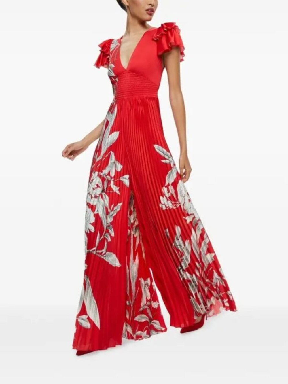 NWT Alice + Olivia Bennet Jumpsuit Red Pleated Wide Leg Floral Cap Sleeve Size 8